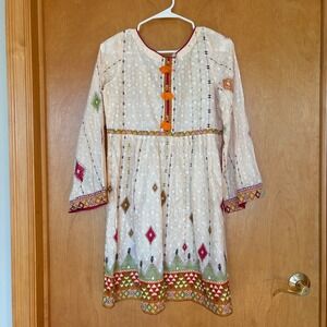 Almirah Lawn Pret Suit Women Small Off-White Cotton Tribal Print Tassel Kurti